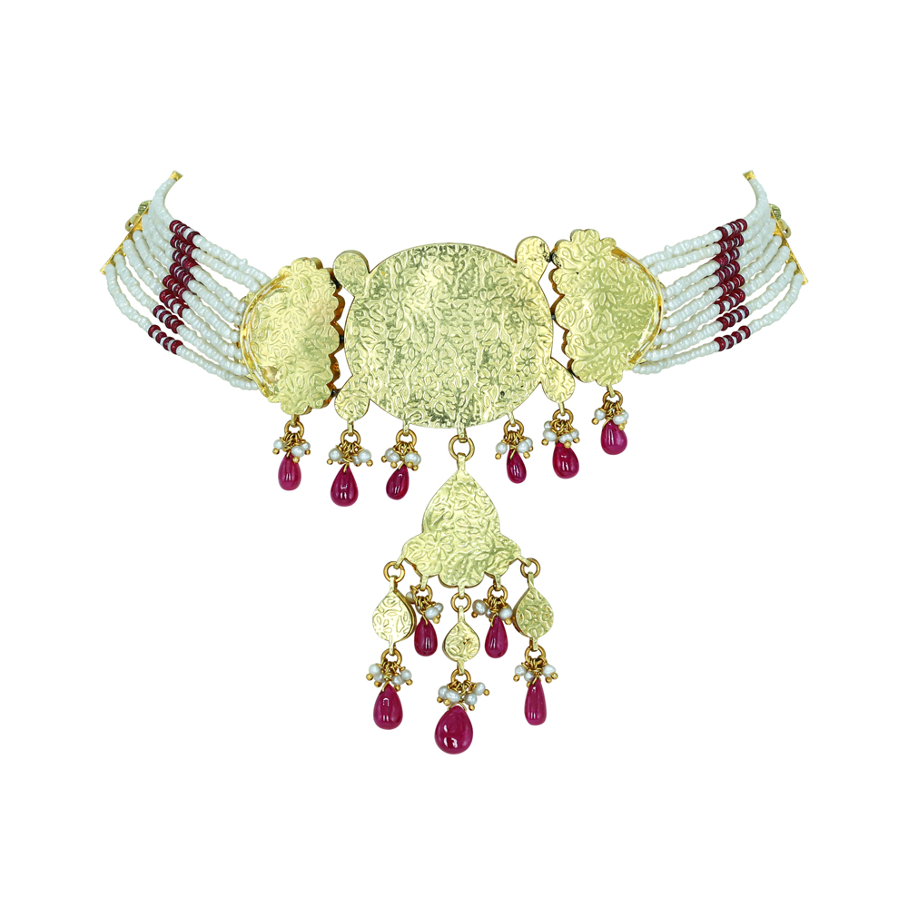 Oval Polki Choker with Floral Motifs, Ruby Drops, and Pearl Accents